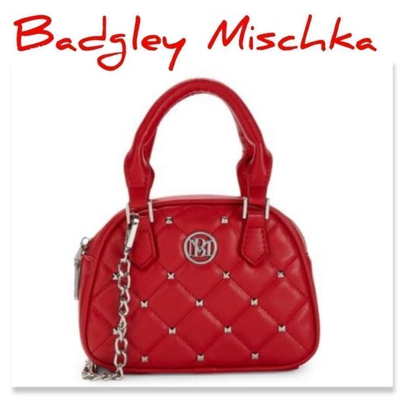 NWT Badgley Mischka Dome Studded & Quilted Convertible Top Handle Bag in Red - Picture 1 of 11
